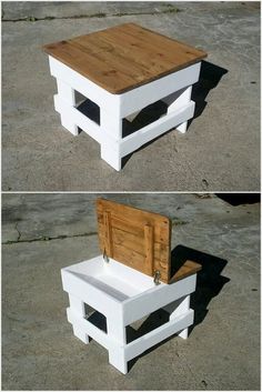 two different views of a bench made out of pallet wood and white painted furniture