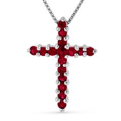 Unique and sparkling, this gemstone cross pendant celebrates your faith in style. Crafted in 14K white gold, this petite design showcases a 1.9mm bright red ruby at the center and 1.5mm rubies lining the glistening cross. Buffed to a brilliant luster, this pendant suspends along an 18.0-inch box chain that secures with a spring-ring clasp. Zales Zales, White Gold Cross Pendant, Heart Shaped Diamond Ring, Necklace Ruby, Beaded Jewelry Necklaces, Faith Jewelry, Red Accessories, Beaded Bracelets Tutorial, Gold Cross Necklace