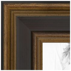 an old wooden frame with a white feather on the bottom and brown trim around it