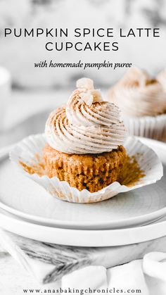 pumpkin spice latte cupcakes with homemade pumpkin puree on a white plate