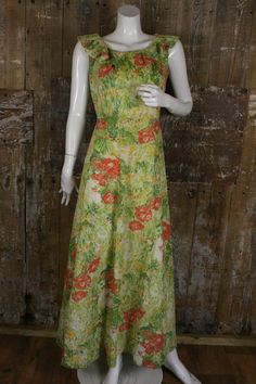 "Beautiful romantic meadow print maxi dress, made in 1970s by Carl Olsen. Made from a polyester fabric in shades of green, red and yellow, it`s sleeveless with a ruffled neckline. Fitted at the waist, it has a floaty A-line skirt, falling to maxi length. Perfect for a summer event. Labelled size 16, would fit a current UK 12. Measures 38\" bust, 29\" waist, 42\" hips. Length 55.5\" from shoulder to hem. In superb original condition, possibly unworn." 60s Cocktail Dress, Jersey Evening Dress, Ruffle Neck Dress, Halter Neck Maxi Dress, Poppy Print, Ruffled Neckline, Maxi Dress Evening, Summer Events, Red And Yellow