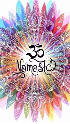 the word namasto written in black on a colorful background with an intricate design