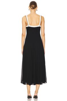 100% polyester.  Made in China.  Dry clean.  Fully lined.  Hidden side zipper closure.  Chiffon fabric with contrast trim at neckline and shoulders.  .  Shoulder seam to hem measures approx 51" in length.  .  .  .  .  .  .  .  . Side Zipper, Contrast Trim, Chiffon Fabric, Trim, Black Dress, Chiffon, Dresses, Fabric, Black