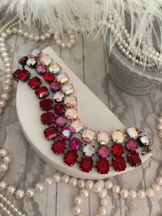 Pink Crystal Bracelet, Arm Wear, Red Bracelets, Opal White, Bridal Bracelet, Crystal Ab, Bracelet Clasps, Red Crystals, White Crystal