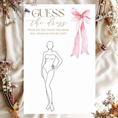 a card with an illustration of a woman's body and pink bow