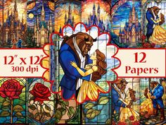 the beauty and the beast stained glass window has been drawn to look like disney's castle