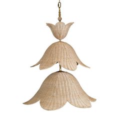 a chandelier made out of wicker and hanging from a gold chain on an isolated white background