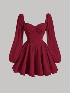 Shein Birthday Outfits, Winter Dance Dresses, Red Dress Casual, Xmas Party Outfits, Red Dress Sleeves, Cute Red Dresses, Cute Dress Outfits, Lantern Sleeve Dress, Red Dress Short