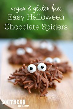 chocolate spider cookies on a cutting board with googly eyes and text that reads vegan & gluen free easy halloween chocolate spider