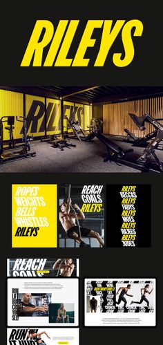 an advertisement for riley's gym equipment is shown in black and yellow with the words,