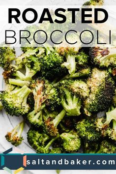 broccoli on a plate with the words oven roasted broccoli