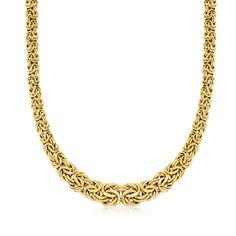 Ross-Simons - 14kt Yellow Gold Graduated Byzantine Necklace. 20". This graduated Byzantine necklace is a classic handcrafted style. Each chain passes through four others to create the signature Byzantine look. The multi-dimensional 14kt yellow gold links are polished to a smooth, glossy finish. Graduates from 1/4" to 1/2" wide. Lobster clasp, 14kt yellow gold Byzantine necklace. Formal Byzantine Necklace With Intricate Design, Yellow Gold Byzantine Necklace With Wheat Chain, Yellow Gold Byzantine Wheat Chain Necklace, Byzantine Style Yellow Gold Necklace With Wheat Chain, Byzantine Style Yellow Gold Wheat Chain Necklace, Formal Byzantine Yellow Gold Necklace, Byzantine Necklace, Multi Dimensional, Fine Jewellery Necklace