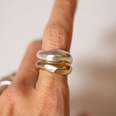 Organically carved ring that flows in thickness. Details: Original design carved in wax and cast in sterling silver. Gold ring is vermeil. Sold as a single ring. Wax Carving Ring, Wax Carved Ring, Silver Gold Ring, Wax Ring, Carved Ring, Wax Carving, Single Ring, Original Design, Gold Ring