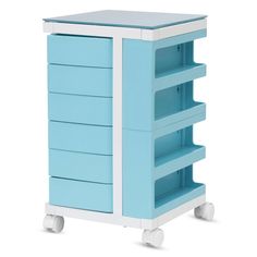 a blue and white cart with drawers on wheels