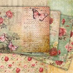 four papers with roses and butterflies on them