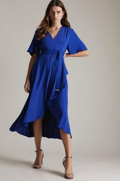 Soft Tailored Ruffle Midi Dress Belted Short Sleeve Party Dress, Party Dresses With Belt And Short Sleeves, Elegant Belted Maxi Dress For Party, Elegant Party Maxi Dress With Belt, Dressy Belted Midi Dress For Party, Elegant Maxi Length Belted Dress For Party, Elegant Fitted High Low Spring Dress, Elegant Fitted High Low Dress For Spring, Elegant Maxi Length Belted Evening Dress