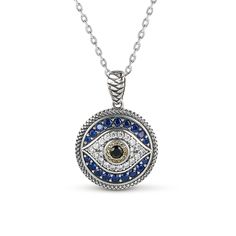 The evil eye symbol has long been associated with good luck and protection, making this necklace a great talisman for anyone who believes in its power. Crafted in sterling silver, it's very fashionable and perfect for everyday wear. This piece features sliver in a halo design that surrounds the blue stones, and a protective evil eye symbol. Whether for a birthday, anniversary, or other special occasions, this necklace makes a great gift for anyone who loves unique, eye-catching jewelry.Carat Wei Symbolic Evil Eye Round Pendant Necklace, Spiritual Necklace With Round Pendant And Sterling Silver Clasp, Spiritual Necklace With Sterling Silver Clasp And Round Pendant, Spiritual Round Pendant Necklace With Sterling Silver Clasp, White Gold Sterling Silver Evil Eye Jewelry, Silver Sterling Evil Eye Jewelry, Silver Sterling Silver Evil Eye Jewelry, Sterling Silver Evil Eye Jewelry, Evil Eye Amulet Jewelry For Good Luck