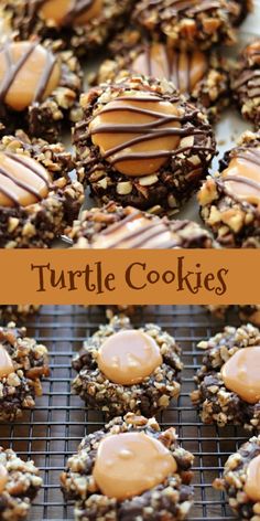 chocolate turtle cookies with peanut butter on top