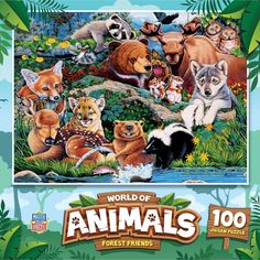 an animal puzzle with many different animals in the forest and on the ground, there is a