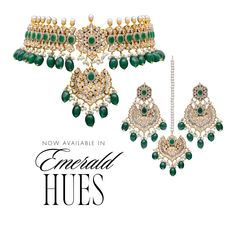 Our most popular Esha Set- Now avaialble in Emerald hues... Emerald Green Stone, Heritage Jewellery, Waist Chain, Trendy Earrings, Faux Stone, Head Accessories, Green Stone, Exquisite Jewelry, Green Bead