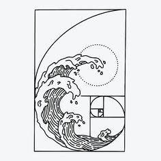 a black and white drawing of a wave in the middle of a circle with an image of