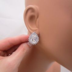 These bridal earrings are perfect for brides that don't have pierced ears. They are made with lovely clip on bases that feature a soft cushion insert for the clip. The focal rhinestone teardrop is surrounded with tiny sparkling crystals for a statement piece. Total earring length is approximately 7/8 inch long. Comes in a gift box. See our other clip on styles here:www.etsy.com/shop/AnaInspirations?ref=seller-platform-mcnav&search_query=clip+onSHIPPING: This item ships by USPS First Class Mail. Classic Silver Wedding Plug Earrings, Classic Silver Plug Earrings For Weddings, Formal Teardrop Crystal Clip-on Earrings, Silver Drop Clip-on Earrings For Wedding, Teardrop Crystal Clip-on Earrings For Formal Occasions, Silver Teardrop Clip-on Crystal Earrings, Pear-shaped Clip-on Wedding Earrings, Pear-shaped Clip-on Earrings For Wedding, Silver Teardrop Crystal Clip-on Earrings