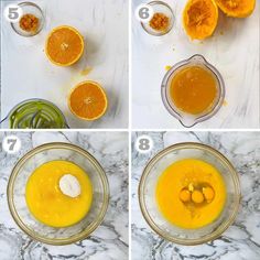 steps to make orange juice in a glass bowl with an orange peel and other ingredients