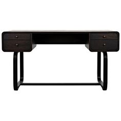 a black desk with two drawers on one side and an open drawer on the other