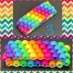 the number three is made out of colored plastic beads and sits on a colorful chevron background