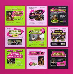 a series of flyers with different colors and designs