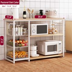 a white microwave oven sitting on top of a wooden shelf next to a kitchen counter