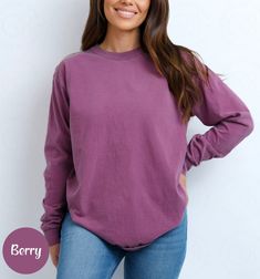 Blank Comfort Color Long Sleeve Shirt Long Sleeve Tee Wholesale Clothing Blank Shirt Long Sleeve Tshirt Women Long Sleeve Men Tee Long Shirt ✨ PRODUCT DESCRIPTION ✨ ∘ ∘ For an Oversized look, consider sizing up 1-2 above your normal size. ∘ ∘ UNISEX TSHIRT ∘ Relaxed fit ∘ Medium fabric ∘ 100% Preshrunk Cotton ∘ Garment-dyed fabric ∘ Double-needle topstitch seams for long-lasting ∘ ∘ Design colors may differ slightly from the final printed item due to the printing process and monitor calibration. ∘ ∘  📏 SIZE 📏 ∘ Adult Unisex sizing. We have a size chart on our listing photos ↑. ⏱️ SHIPPING & PRODUCTION TIME ⏱️ ∘ Please allow 1-5 business days for processing time. ∘ Shipping time is 3-5 business days. ✨ CARE INSTRUCTIONS ✨ ∘ Inside out, wash cold with a delicate cycle ∘ Hang Dry ∘ Do not u Heather Crew Neck Top With Relaxed Fit, Casual Heather Crew Neck Tops, Basic Long Sleeve Plain Shirt, Basic Solid Shirt For Fall, Casual Long Sleeve Solid Color T-shirt, Heather Long Sleeve Tops For Fall, Purple Relaxed Fit Casual Top, Purple Relaxed Fit Top For Fall, Purple Long Sleeve Top For Fall