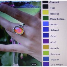 a person's hand with a ring on top of their finger next to a color chart