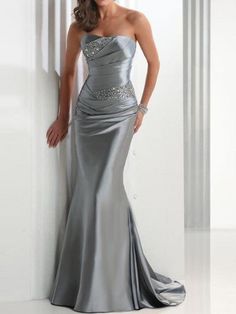 Mermaid Dress Elegant Red Green Wedding Guest Formal Evening Dress Strapless Sleeveless Sweep / Brush Train Satin with Crystals  dress to impress 2024 2024 - $130.99 Silver Prom Dress, Silver Evening Dress, Black Bridesmaid, Strapless Evening Dress, Satin Evening Dresses, Chanel Couture, Evening Gowns Elegant, Gray Weddings, Satin Prom Dress