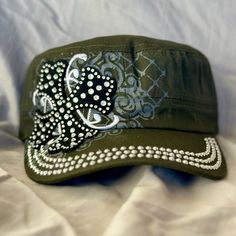 These Hats Are New From Mfg. Beautiful Bling And Stich Work. Each One Has An Adjustable Velcro Back. Color Is Olive Green. Casual Rhinestone Hat One Size Fits Most, Casual Cap With Rhinestones, Casual Rhinestone Hat, Casual Rhinestone Hat, One Size Fits Most, Casual Rhinestone Cap, Helen Kaminski Hats, Green Military Brimmed Hat, Green Camo Hat, White Beret