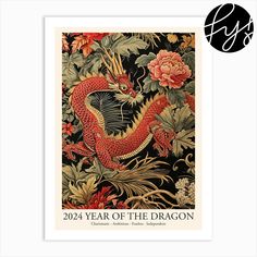 the year of the dragon with flowers and leaves on it's cover is shown