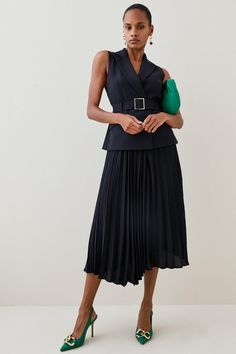 This Dress Is The Epitome Of Modern Elegance. Beautifully Tailored Using A Recycled Polyester Blend, The Piece Gently Defines Your Figure Using Expertly Placed Panelling And A Metal-Trimmed Waist-Cinching Belt. Forming The Appearance Of Sleek Separates, The Waistcoat-Style Bodice Is Layered Over A Pleated Skirt That Falls Gracefully At The Ankle. Finish With Monochrome Accessories For A Deniably Striking Occasionwear Look.Style: Midi Dressdesign: Plainfabric: Wovenlength: Midineckline: Collareds Elegant Sleeveless Midi Dress With Fitted Waist, Formal Pleated Midi Dress With Fitted Waist, Chic Pleated Dress With Fitted Waist, Spring Fitted Belted Dress With Pleated Waist, Fitted Pleated Office Dress In Chic Style, Tailored Pleated Dress For Work, Formal Fitted Belted Dress With Pleated Waist, Formal Fitted Pleated Dress With Belt, Elegant Midi Dress With Pleated And Fitted Waist