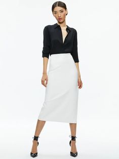 Maeve Vegan Leather Midi Skirt In Off White | Alice And Olivia Fall Night Out Midi Pencil Skirt, Sleek Midi Skirt, Sleek Long Skirt For Night Out, Midi Pencil Skirt For Date Night In Fall, Fall Workwear Lined Maxi Skirt, Fall Midi Pencil Skirt For Date Night, Sleek Midi Pencil Skirt For Night Out, Sleek Pencil Skirt For Date Night In Spring, Sleek Long Maxi Skirt For Spring