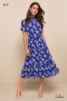 Get a lovely look for an evening out with the Lulus Floral Dressed Up Royal Blue Floral Print Midi Dress! Elegant cream and black floral print embellished lightweight woven chiffon as it forms a mock neck (with back button closure), sheer decolletage and short sleeves, and a darted bodice. Elastic waist tops a tiered skirt that flows to a modest midi length. Pair with strappy heels and a clutch for the perfect date night 'fit! Fit: This garment fits true to size. Length: Mid-calf length. Size medium measures 49.75" from shoulder to hem. Bust: Great for any cup size. Waist: Fitted - elastic waist allows stretch. Hip: Not Fitted - room for hips. Undergarments: May be worn with a strapless bra, adhesive bra, petals, or no bra. Fabric: Fabric has no stretch. Lined. Shell: 100% Polyester. Linin Floral Print Maxi Dress For Cocktail, Chic Chiffon Floral Print Dress, Chic Chiffon Dresses With Floral Print, Floral Print Short Sleeve Chiffon Party Dress, Floral Print Short Sleeve Chiffon Dress For Party, Floral Print Short Sleeve Midi Dress For Formal Occasions, Floral Print Midi Length Evening Dresses, Short Sleeve Chiffon Dress With Floral Print For Party, Chic Floral Short Sleeve Chiffon Dress