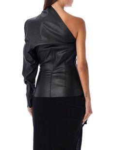 65% lamb leather, 34% cotton, 1% spandex Designer Fitted Leather Jacket For Evening, Fitted Luxury Leather Jacket For Office, Luxury Fitted Leather Jacket For Office, Designer Fitted Leather Jacket, Luxury Fitted Tops For Office, Fitted Luxury Leather Jacket For Evening, Fitted Leather Outerwear For Night Out, Luxury Fitted Tops For Fall, Fitted Tops With Padded Shoulders For Fall