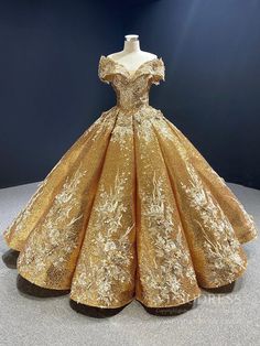 Off the Shoulder Gold Floral Quinceañera Dresses 66536C viniodress – Viniodress Beauty And The Beast Quince, Gold Ball Gown, Themed Bedrooms, Beauty And The Beast Theme, Prom Inspo, Quince Dress, Floor Length Gown, Quince Dresses, Chic Dresses