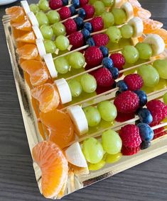 fruit skewers are arranged on a tray with oranges, raspberries and grapes