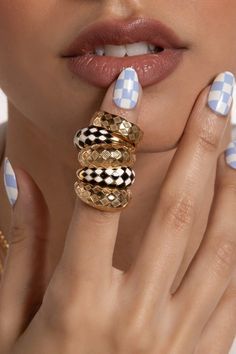 Checkered Nails DIY Are Now Trending On Pinterest Gold Dome Ring, Checker Pattern, Checker Print, Dome Ring, Ring Stack, Meaningful Jewelry, Rose Necklace, Zodiac Necklaces