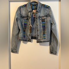 Chiqle Brand Serape Denim Jacket Nwt Size Small Measurements Included In Photos Multicolor Denim Jacket For Fall, Multicolor Denim Jacket For Spring, Fall Multicolor Denim Jacket, Spring Multicolor Denim Jacket, Multicolor Denim Jacket With Pockets For Fall, Casual Multicolor Denim Jacket, Bohemian Blue Denim Jacket With Pockets, Multicolor Denim Winter Outerwear, Fitted Casual Denim Jacket In Recycled Denim