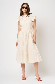 Kaylen Cotton Midi Dress at Joie Cream A-line Daywear Dress, Chic Knee-length Ruffle Dress For Casual Occasions, Cream A-line Midi Dress For Garden Party, Chic Spring Dress With Flutter Sleeves, Beige Maxi Dress With Ruffles, Beige Long Dress For Casual Wear, Chic Beige Long Dress, Chic Long Beige Dress, Feminine Long Cream Dress