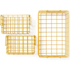 three yellow wire baskets sitting next to each other