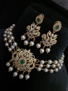 Sabyasachi Inspired Gold Finish Choker Set with Pearls and American Diamond Stones - Green Pearl Necklace Indian, Designer Pendants, Work Necklaces, Emerald Green Earrings, Temple Jewelry, Pearl Choker Necklace, Fashion Jewelry Sets, Green Diamond, Wedding Jewellery Necklace