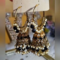 Beautiful Polkivjhumka Earrings In Black & Gold. Elegant Black Danglers For Festive Season, Elegant Black Danglers For Festive Occasions, Black Earrings For Wedding And Festive Occasions, Elegant Black Earrings For Festive Occasions, Festive Elegant Black Earrings, Elegant Festive Black Earrings, Elegant Black Festive Earrings, Festive Black Wedding Earrings, Black Chandbali Earrings For Wedding