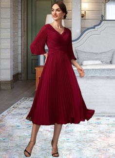 Irene A-Line V-neck Tea-Length Chiffon Cocktail Dress With Pleated UKP0016390 Silhouette:: A-Line Neckline:: V-neck Length:: Tea-Length Embellishment:: Pleated Fabric:: Chiffon Straps:: Sleeves Sleeve:: 3/4Sleeves BackStyle:: ZipperUp FullyLined:: No Built-InBra:: Yes Boning:: No Size:: General,Plus Season:: Winter,Spring,Summer,Fall Model'sDressSize:: US2/UK8/EU34 Height:: 5.7ft Bust:: 34in Waist:: 24in Hips:: 35in This dress could be custom made, there are no extra cost to do custom size and c Elegant Spring V-neck Chiffon Dress, Elegant Flowy V-neck Dress, Chic V-neck Chiffon Cocktail Dress, Pleated V-neck Maxi Dress For Formal Events, Elegant Fitted Chiffon V-neck Dress, Elegant Pleated V-neck Maxi Dress, Elegant Red Chiffon Dress With V-neck, V-neck Chiffon Midi Dress For Cocktail, Elegant Pleated V-neck Midi Dress