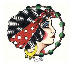 a drawing of a woman's head wearing a red and white polka dot hat